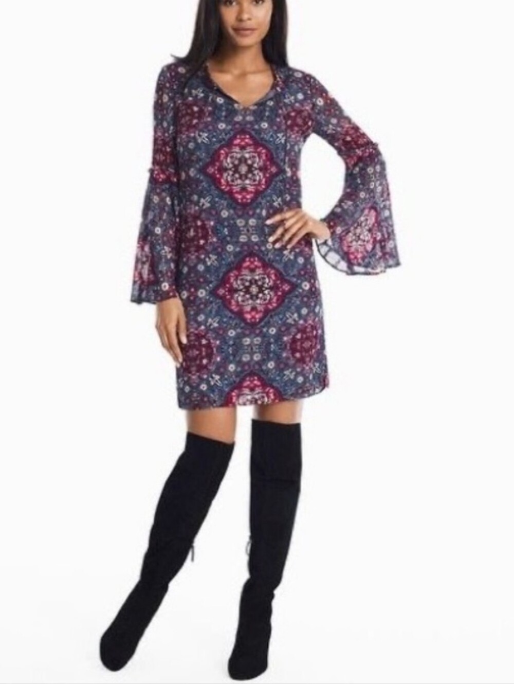 White House Black Market Medallion Print Boho Shift Dress Bell Sleeve Blue L